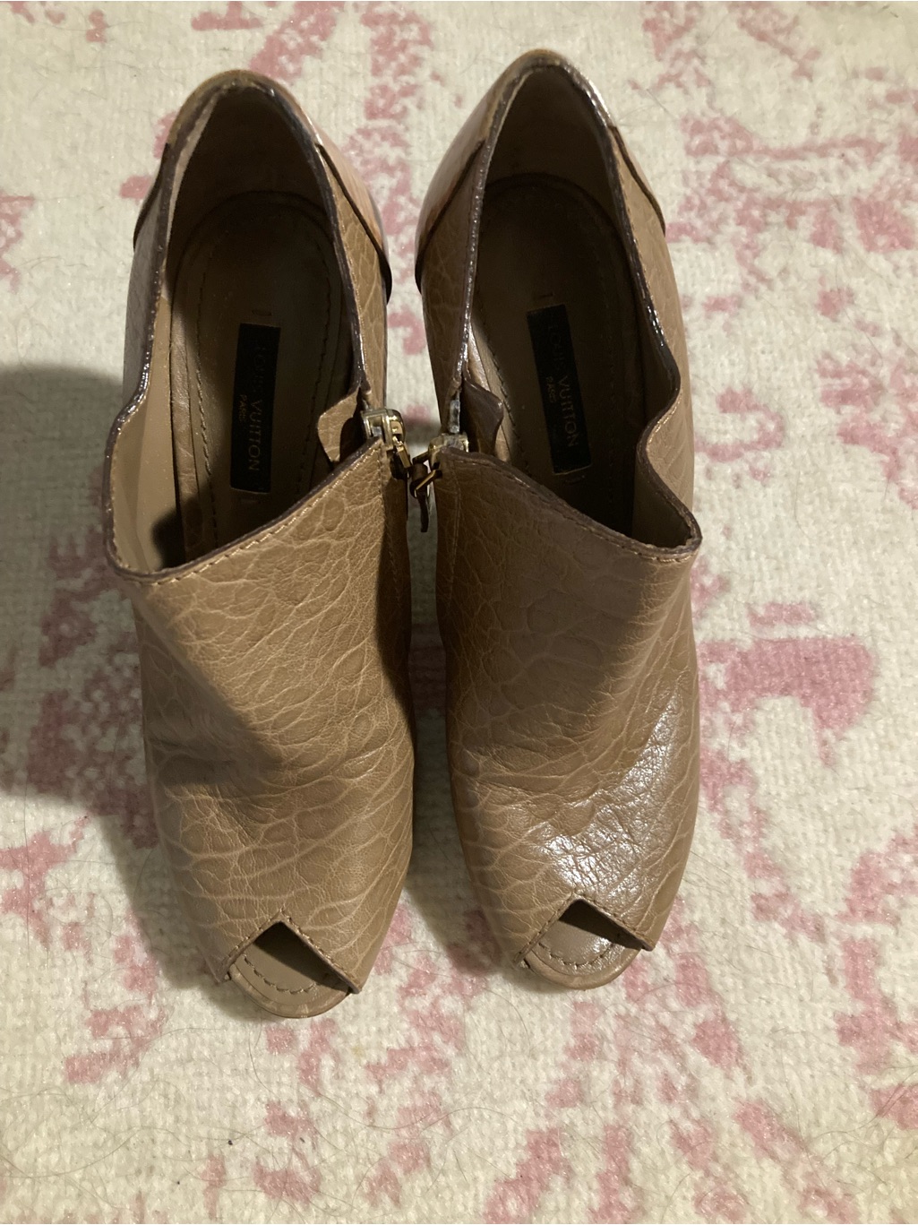 Louis Vuitton Taupe Brown Peep-Toe Leather Booties